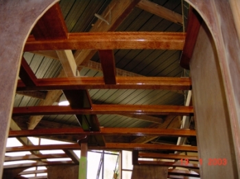 Varnished beams viewed from below